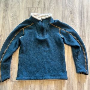 Kuhl Alfpaca Fleece Blue with Gold Stitching Zip Pullover Sherpa Collar Jacket